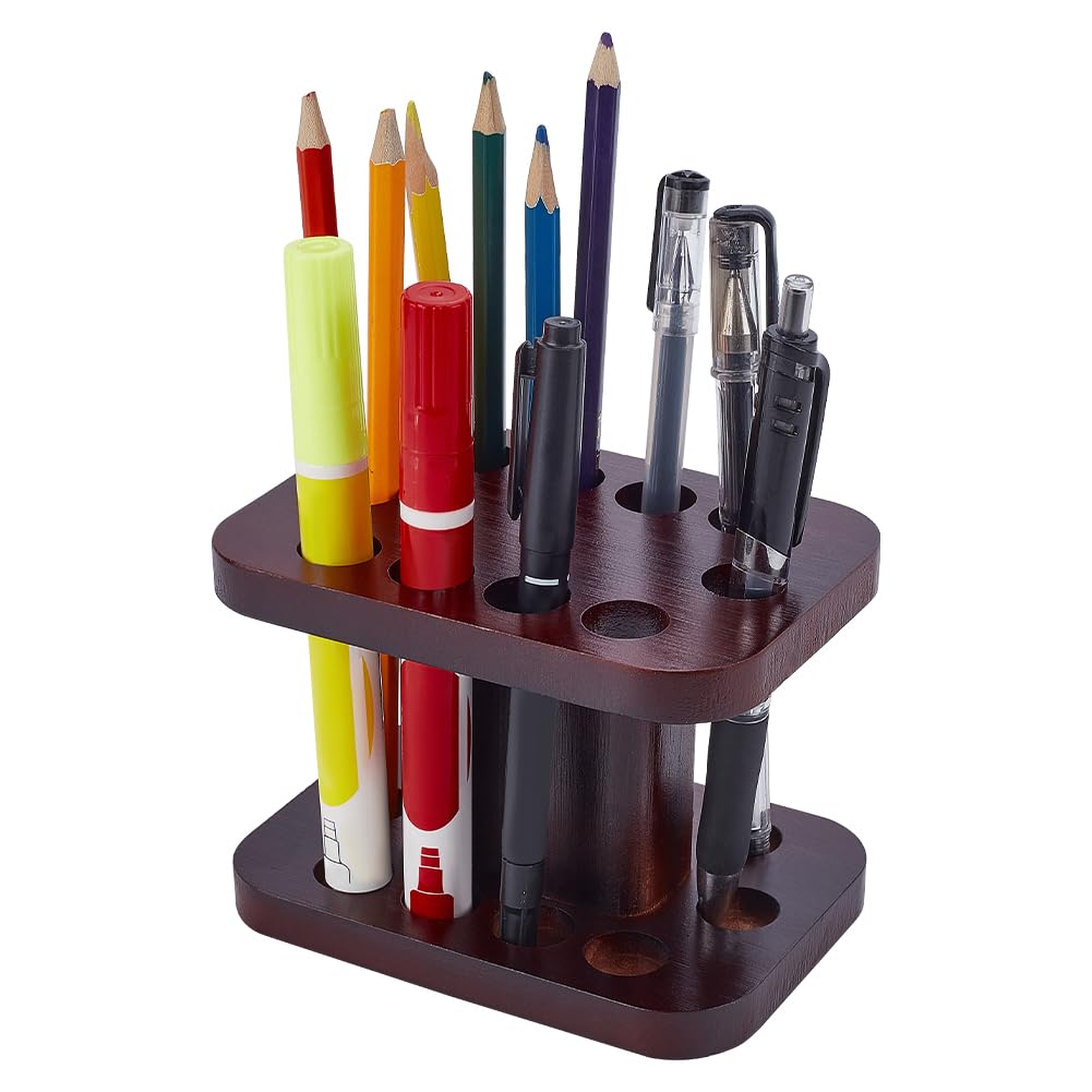 FINGERINSPIRE Portalápices de madera marrón coco con 10 agujeros rectangular organizador de escritorio para bolígrafos, pinceles de pintura, lápices de colores, marcadores, papelería de oficina