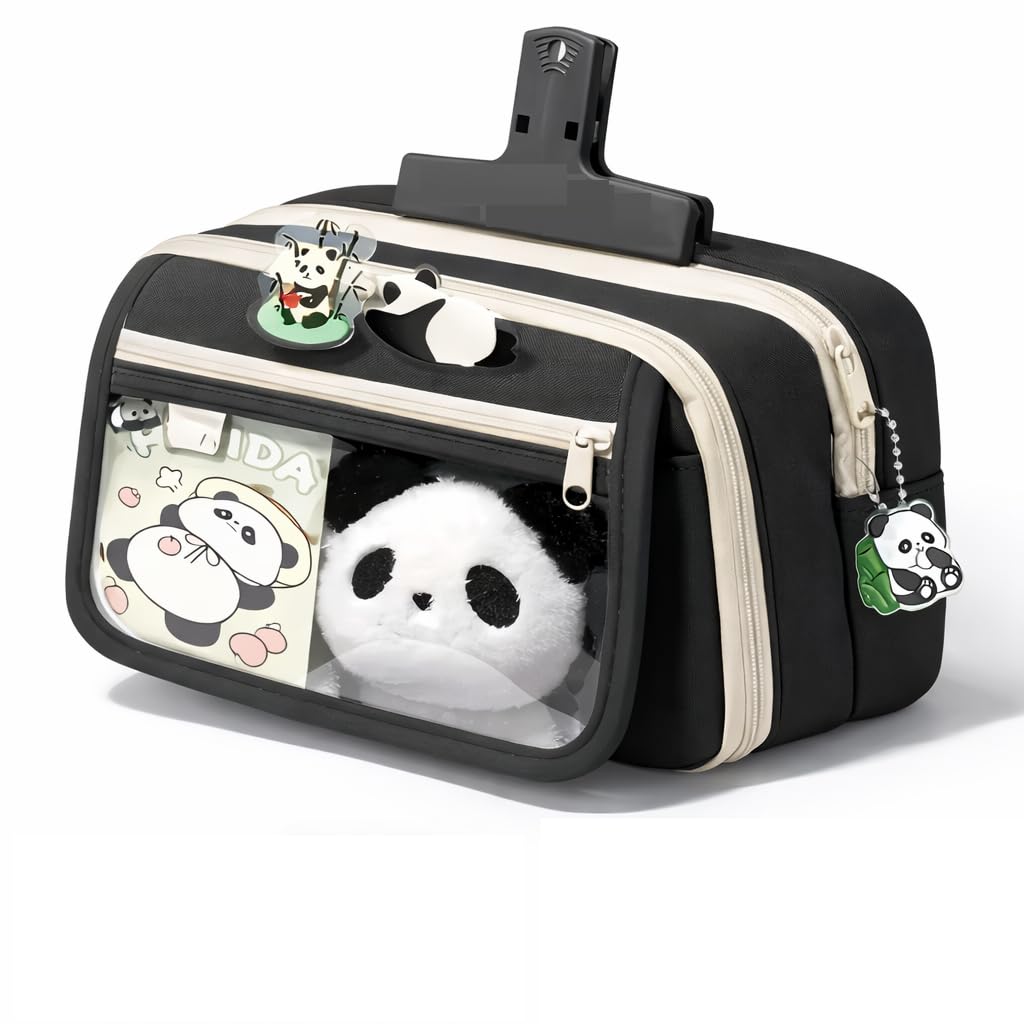 Panda Pencil Case,Cute Design Large Capacity with Transparent Window, Includes Panda Doll and Stickers (Black)-image-27