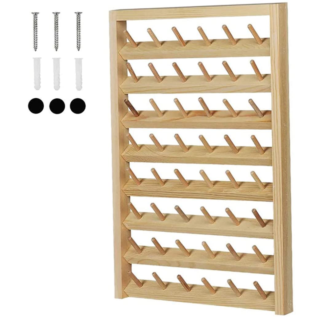 Thread Rack Portacarretes de hilo de coser montado en la pared para 48 carretes con ganchos para colgar Organizador de madera para acolchar bordado