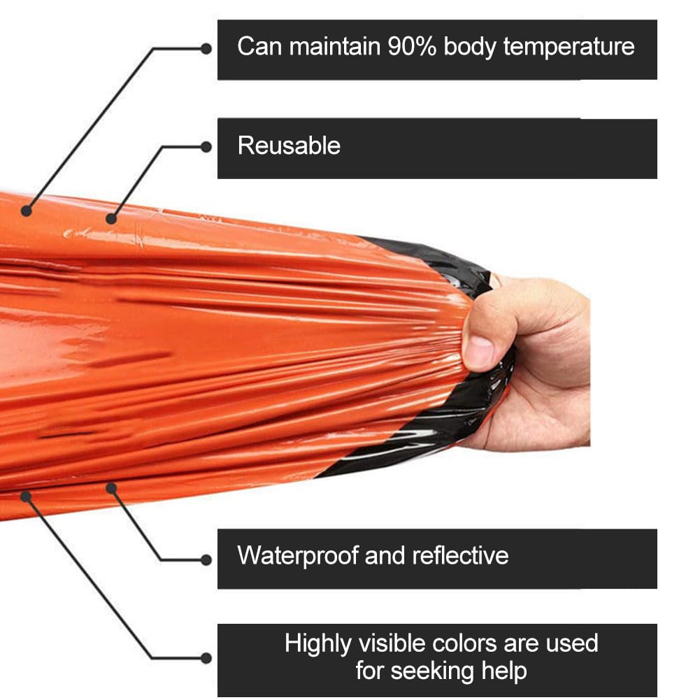 Sacco a Pelo d'Emergenza con Braccialetto Sopravvivenza Sacco a Pelo di Sopravvivenza Coperta di Sopravvivenza Riutilizzabile Coperta di Isolamento Termico di Primo Soccorso per Outdoor Viaggiare