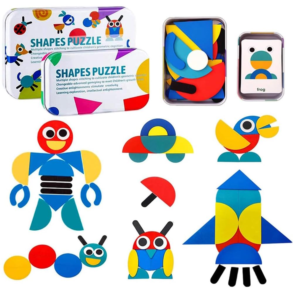 Wooden Pattern Blocks Tangram Shape Puzzle Set Color Sorting Stacking Game for Toddlers Wood Animal Jigsaw Development Toys Preschool Education Activity Travel Toy Board Games for Kids 3-7 Yrs