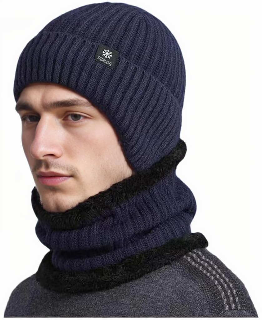 BananaHome2pcs Mens Winter Knit Beanie with Earflap Neck Warmer Set Outdoor Warm Thermal Knitted Hat with Fleece Lined Skull Cap for women
