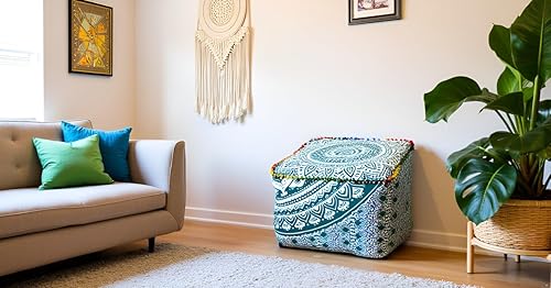 Miniatura 10 de CRAFT KALA Funda de cojín cuadrada con mandala, funda de cojín para asiento, hippie, decorativa, bohemia, otomana, pufs, pompones, de algodón, para