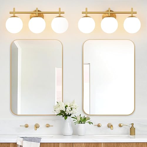 Miniatura 5 de Lámparas de baño de 3 luces, luces doradas cepilladas para baño con pantalla de bola de vidrio blanco lechoso, accesorios de iluminación de baño de