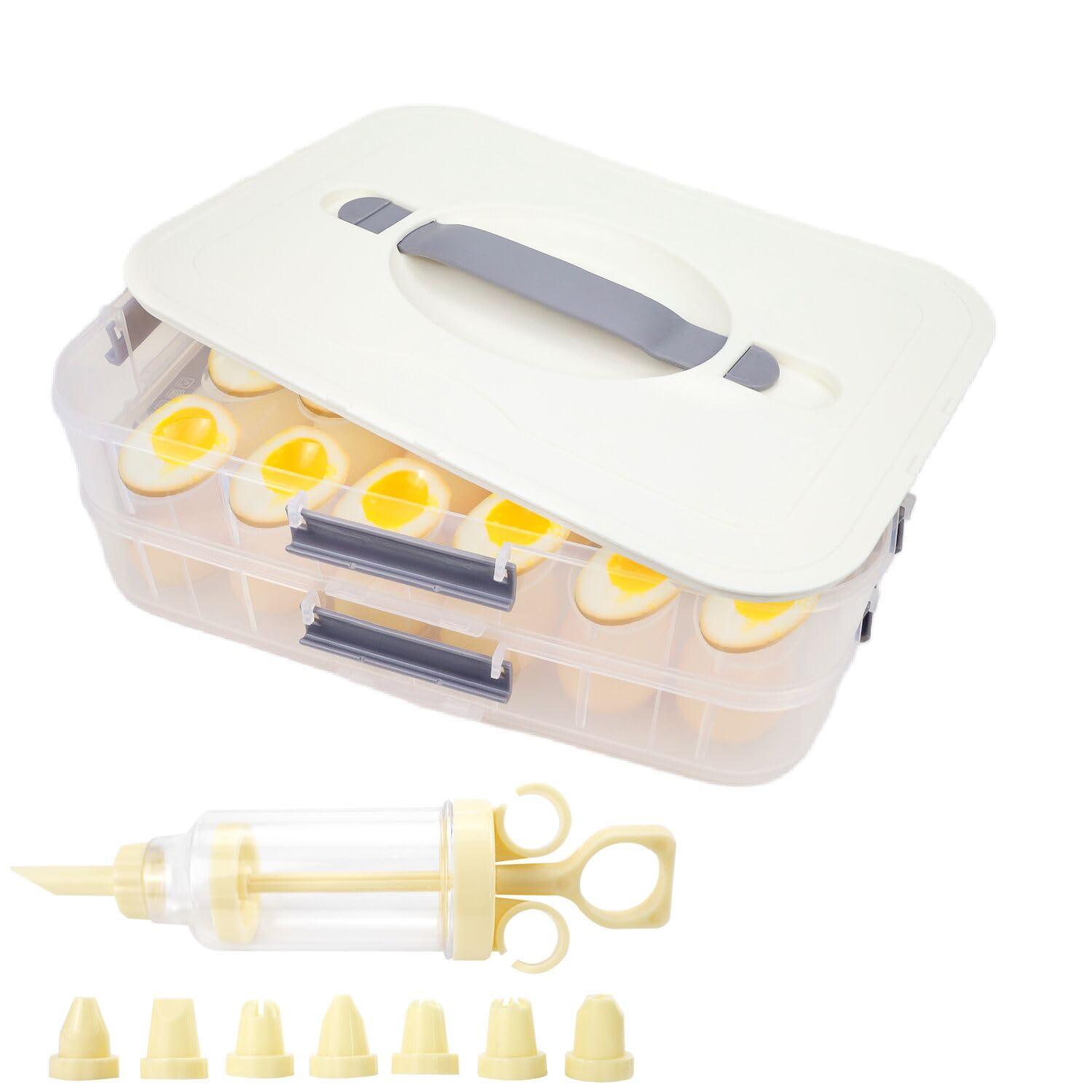Photo 1 of 2-Layer Deviled Egg Containers With Lid, 36PCS Deviled Egg Tray Carrier with Handle and Piping Tool, Portable Stackable Egg Holder Platter Holder Organizer for Refrigerator Party Picnic Leak-Proof