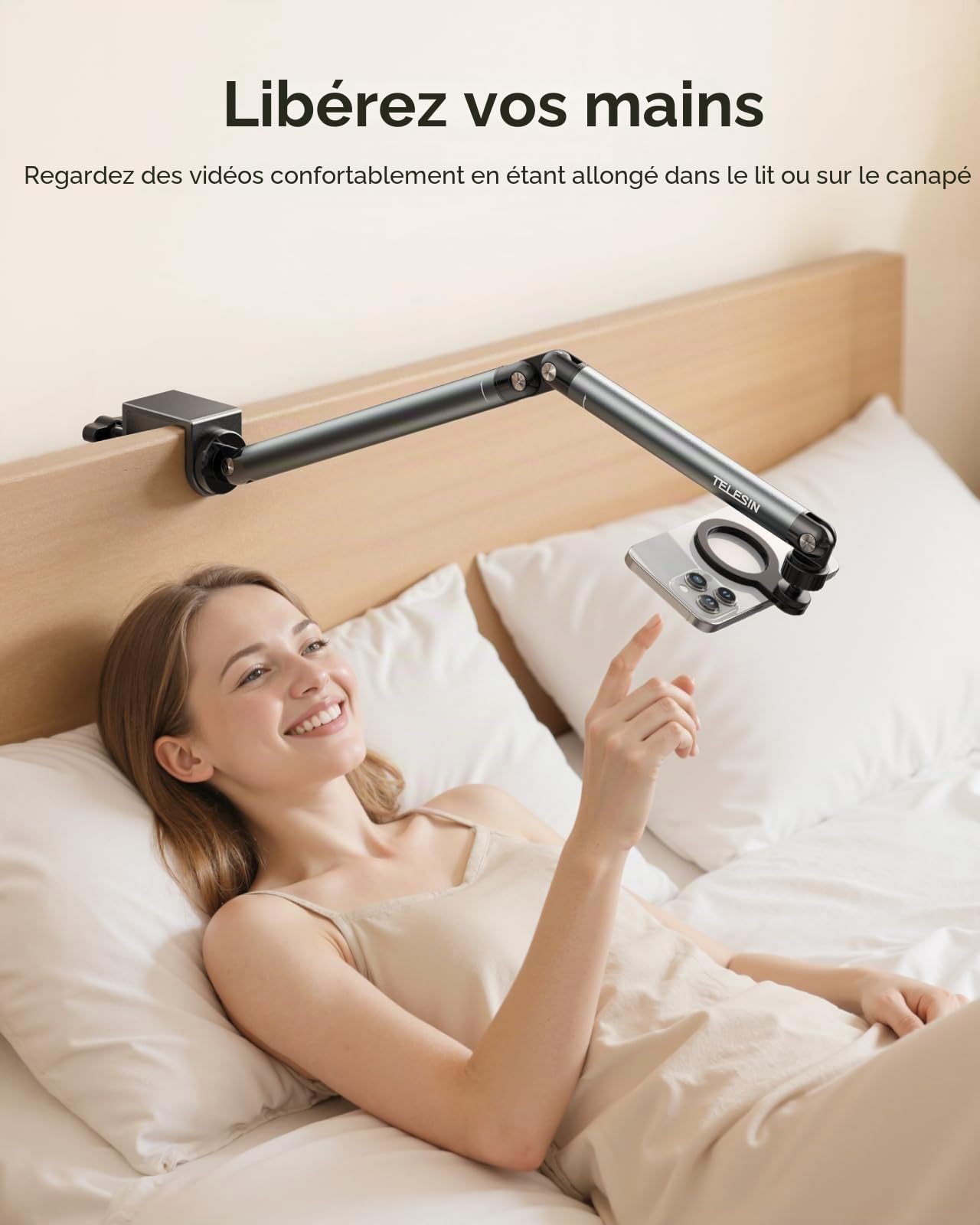 TELESIN Support Tablette de Serrage Magnétique pour Lit | RéGlable Rotatif à 360° avec Bras Stable, Support Porte-Pince Magnétique pour Magsafe/iPhone/Android/IPad