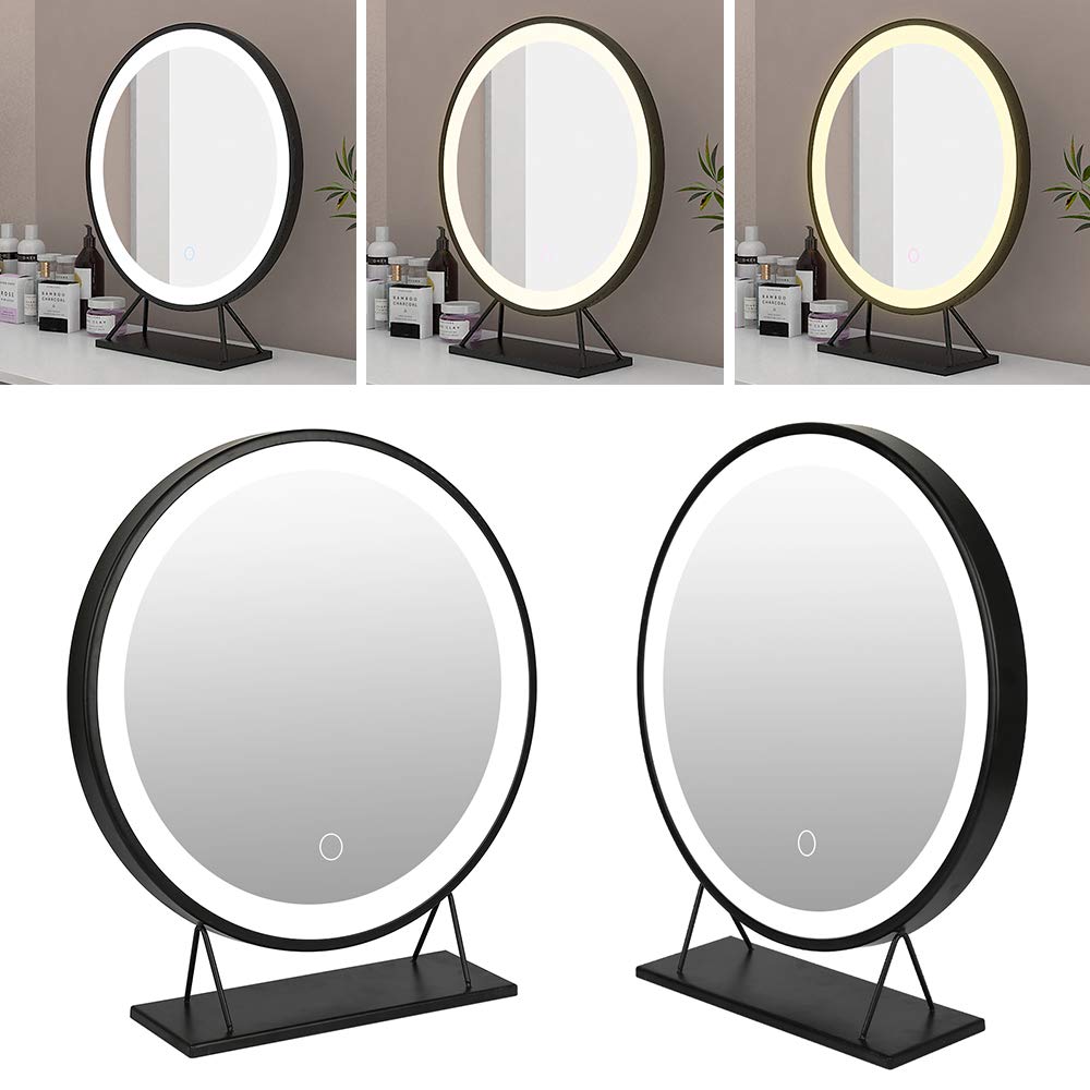 HUOLE Specchio per Trucco Illuminato, Specchio per Trucco con Luci a LED Interne, Regolabile, Rotondo, Colore Cromo, per Bagno e Camera da Letto, 50 x 50 cm