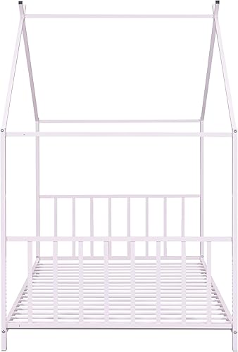 Miniatura 74 de Cama de casa de tamaño individual con diseño de valla y techo, marco de cama de metal, marco de cama de piso doble, base de cama Montessori de Color