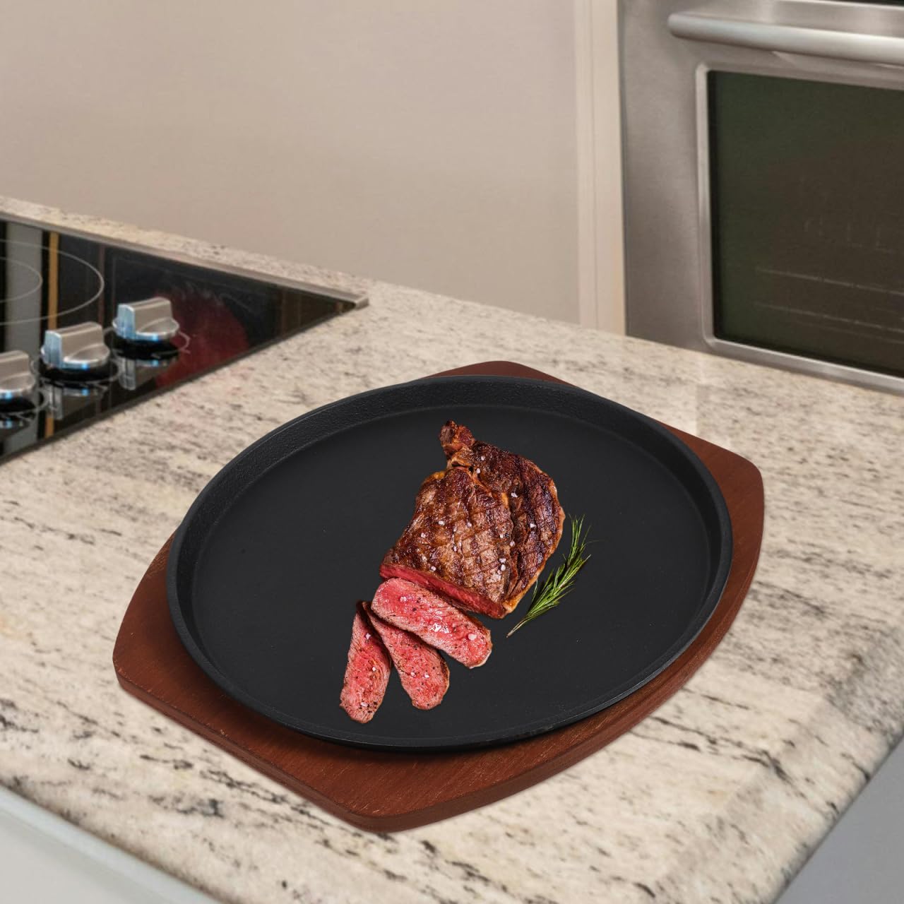 TIDTALEO Plato De Carne De Hierro Fundido 10.82X10.03In Con Base De Madera SartéN Para Asar Uniforme Y Resistente Para Parrilla Hogar Cocina