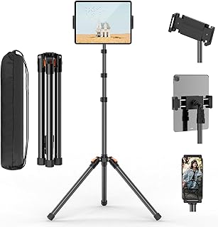 XXZU 182cm Soporte para Tableta y Teléfono, Soporte de Suelo para Tableta Giratorio de 360° Trípode para Tablet Ajustable en Altura Plegable Inverso Compatible con Tablet y Teléfon