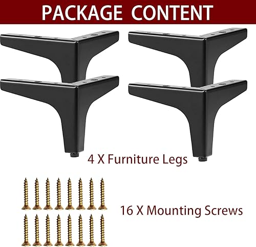 Miniatura 6 de Patas de metal para sofá de 5 pulgadas5.1 in, patas triangulares modernas, patas negras de repuesto resistentes con tornillos de montaje para
