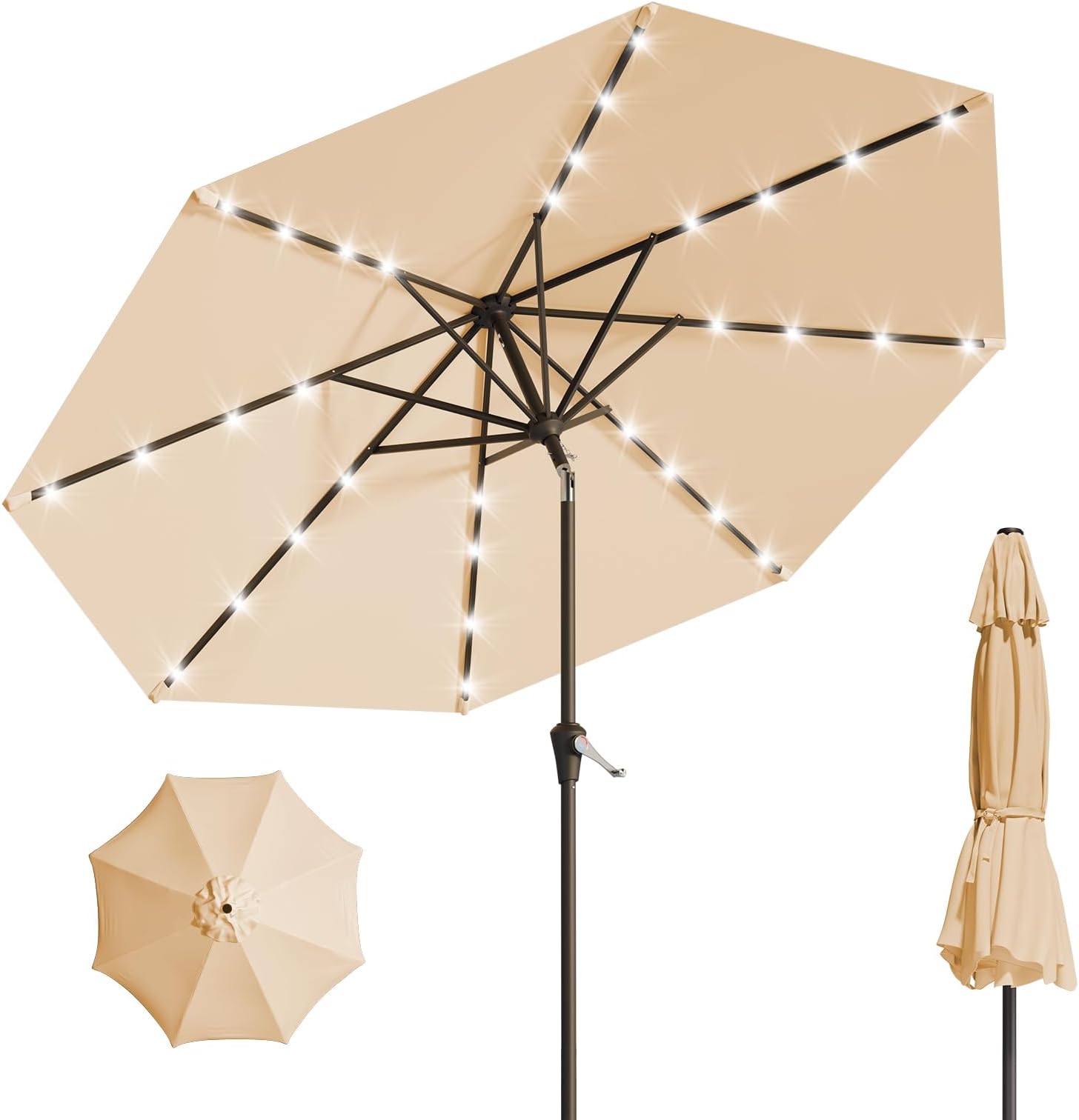 9FT Solar Umbrella 32 LED Lighted Patio Umbrella Table Market Umbrella w/Tilt and Crank Outdoor Umbrellas for Garden, Deck, Backyard, Pool and Beach, Khaki