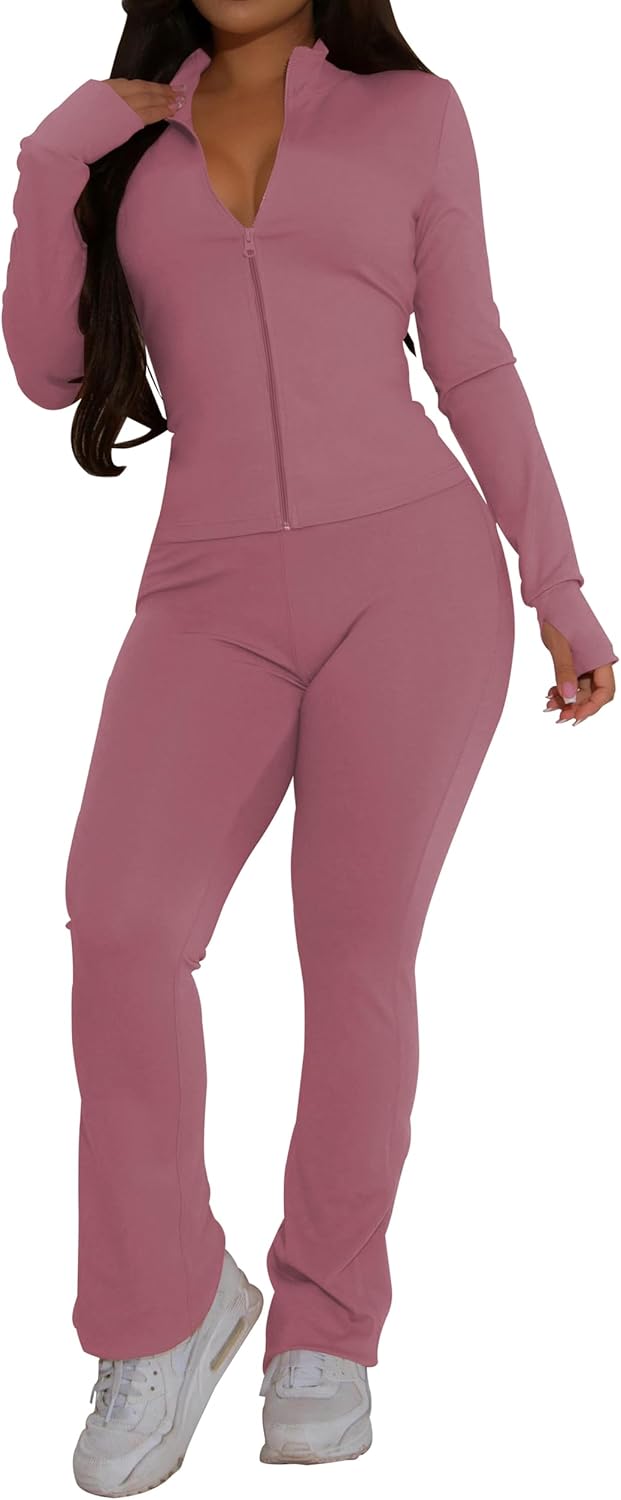 PINSV Women's 2 Piece Outfits Long Sleeve Zip Up Jacket Flare Pants Matching Tracksuit Set - Image 3