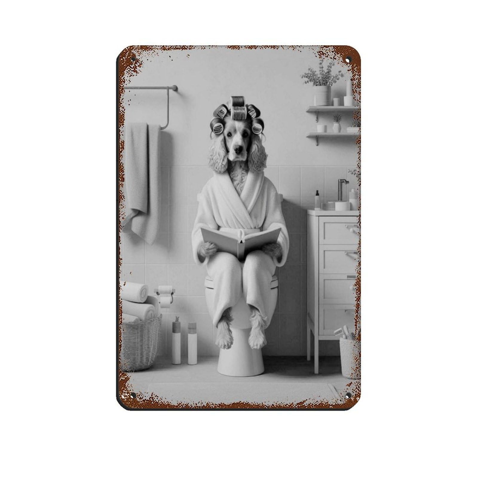 Cocker Spaniel on Toilet Reading Book Tin Sign Vintage Metal Pub Club Cafe Bar Home Wall Art Decoration Poster Retro 8x12inch(20x30cm)