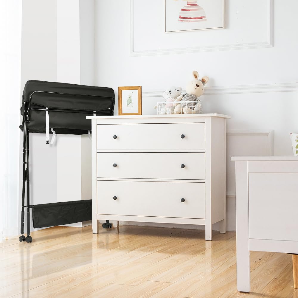 Cambiadores de Pañales Plegable para Niños, con 4 Ruedas y Espacio de Almacenamiento Cambiador, Altura Ajustable 92/95/98cm (Negro)