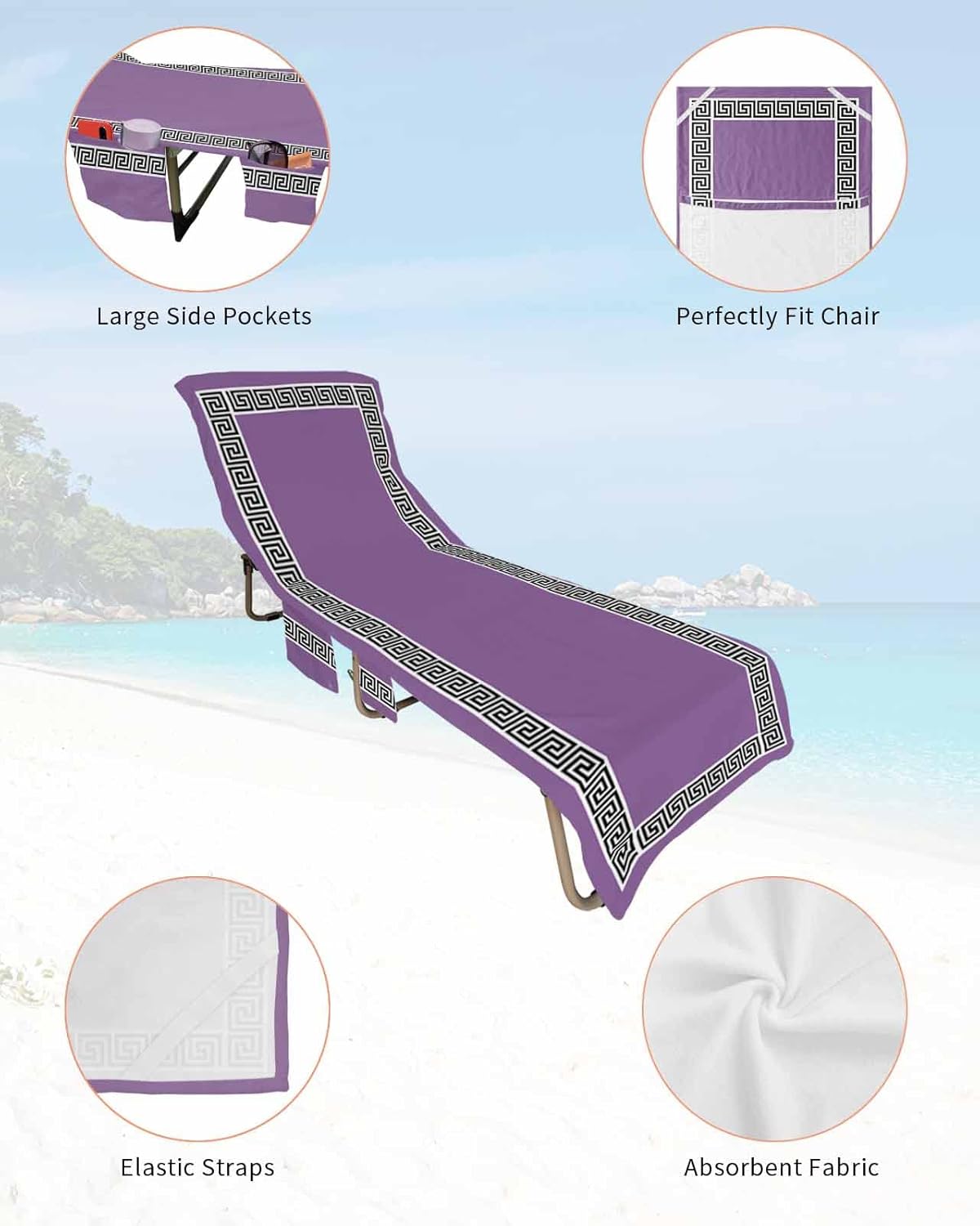 Purple Black Beach Pool Patio Lounge Chaise Chair Cover Towel With Pockets,Absorbent & Quick Dry Microfiber Towel Cover Bag Summer Accessories for Sunbathing Traditional Chinese Geometric Tile Pattern