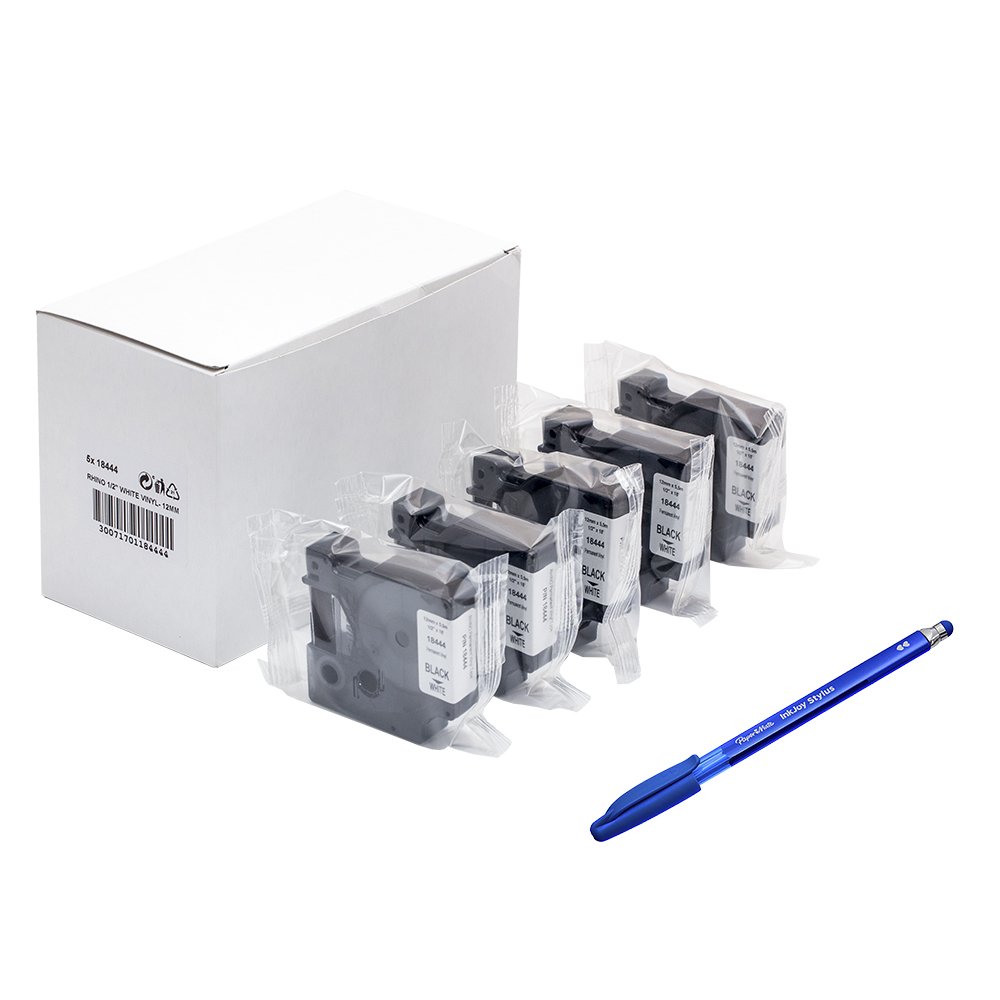 DYMO Rhino 18444 1/2" Vinyl Label Tape, Black On White, IND, 18FT