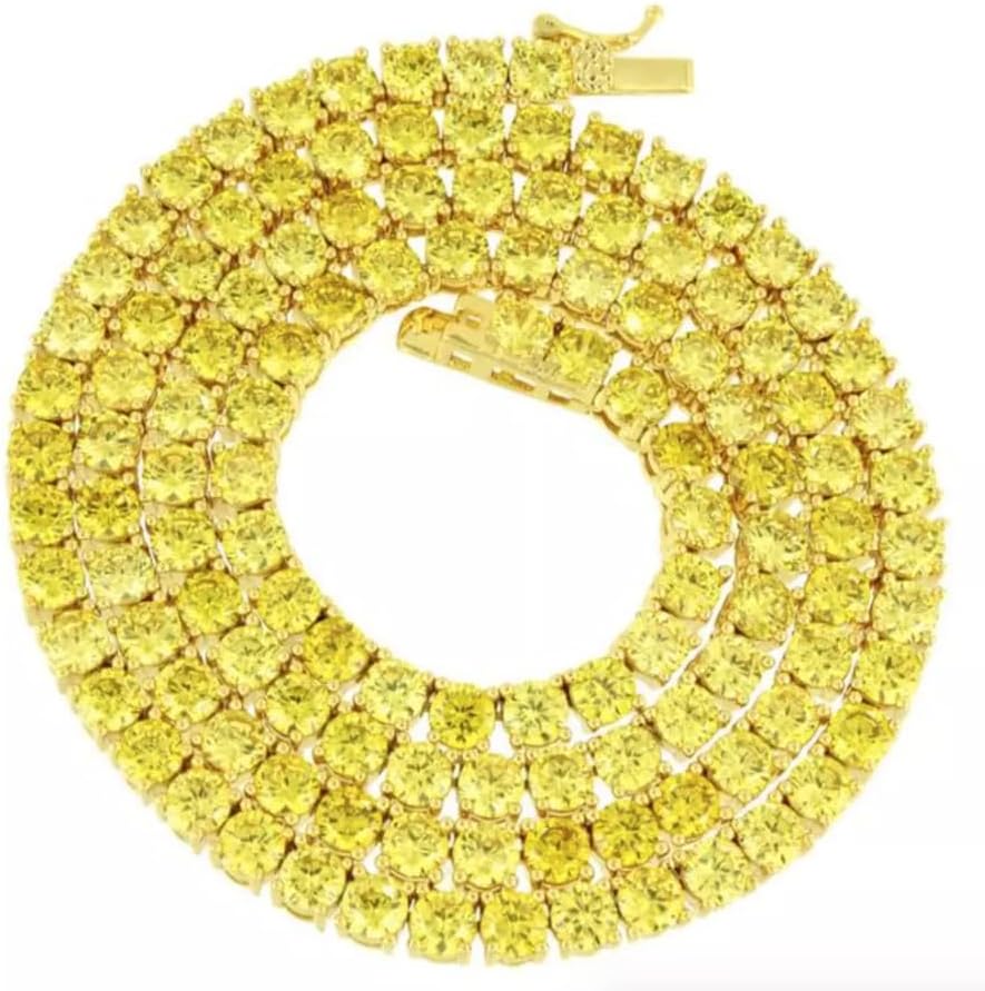 Lemonade Citrine Canary 14K Yellow Gold Finish Solitaires Prong Hand Set 6.50 Ctw. VVS/1 Simulated Diamond 1 Row 4MM Tennis Link Necklace Choker Chain Premium Zirconia Unisex