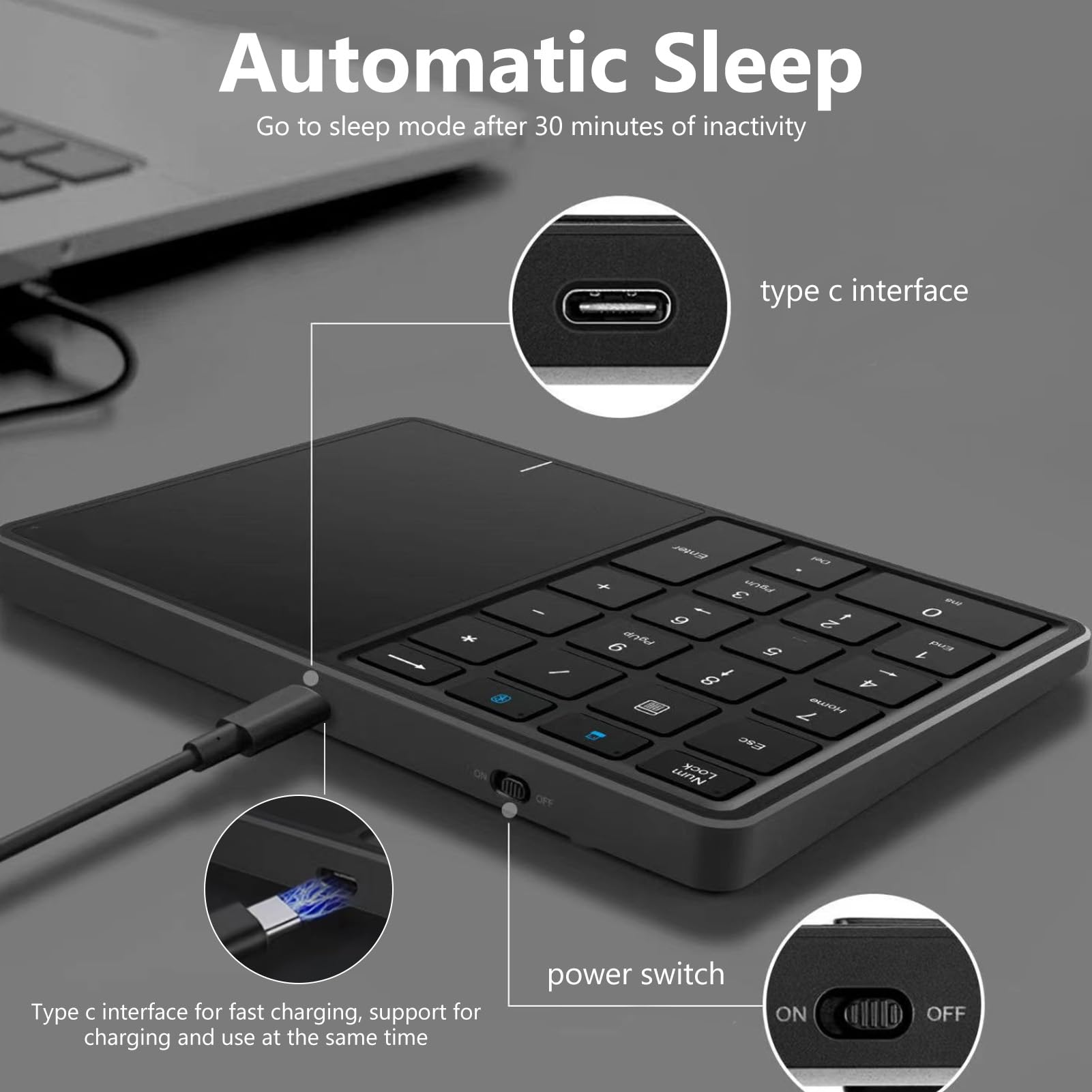 Kabelloser Nummernblock mit Touchpad, Bluetooth-Nummernblock für Laptop, 22 Tasten Wireless BT Dual Mode Numeric Keypad, 2.4G 2 in 1 Portable Financial Accounting Number Keyboard (Grau)