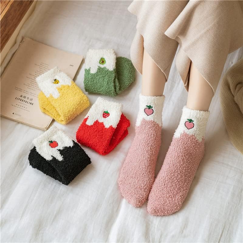 Image of RosyClouds Womens Fuzzy Socks, Cute Fruits Print Crew Socks Soft Warm Winter Cozy Socks for Indoor & Outdoor, 5 Pairs