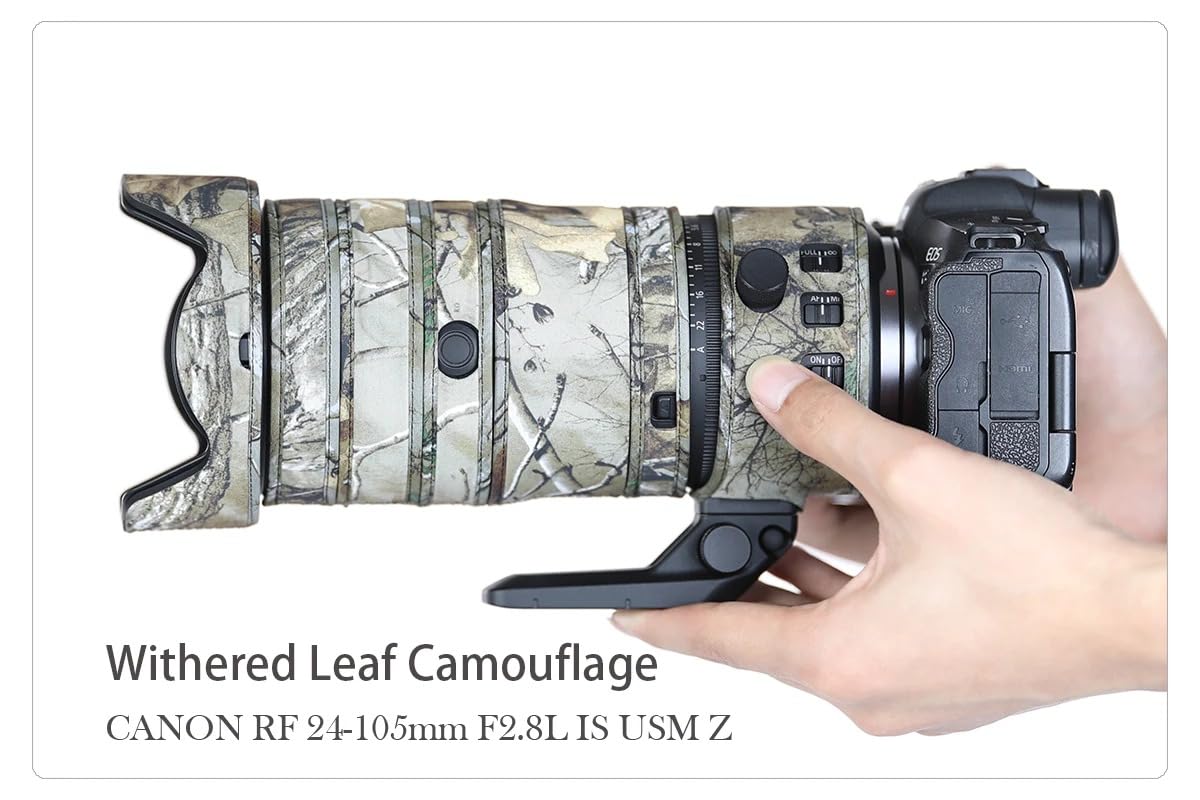 CHASING BIRDS Camouflage Waterproof Lens Coat for Canon RF 24-105mm F2.8 L is USM Z Rainproof Lens Protective Cover (Withered Leaf Camouflage, with Extender RF 1.4X)