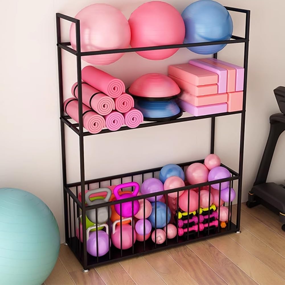 Soporte para Esterilla de Yoga, Soporte de Pesas de Acero para Gimnasio en casa, Organizador de Almacenamiento Multicapa con cestas para Rodillos de Espuma, Bloques de Yoga, Mancuernas y Acc