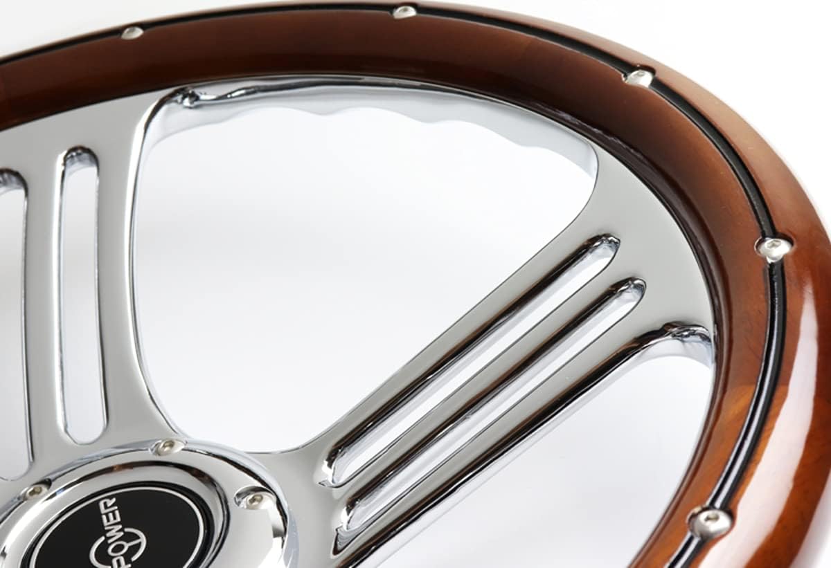 W-Power, 14" Universal 350mm 6 Bolt Hole 2.5 Inches Vintage Dark Wood Style with Aluminum Polished Dark Wood Steering Wheel, Black Horn Button, Chrome 3-Spoke