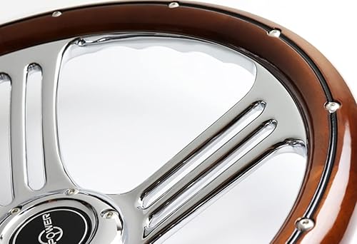 Miniatura 3 de W-Power, 14 pulgadas universal 13.780 in 6 agujeros para pernos 2.5 pulgadas, estilo vintage de madera oscura con volante de madera oscura pulida de