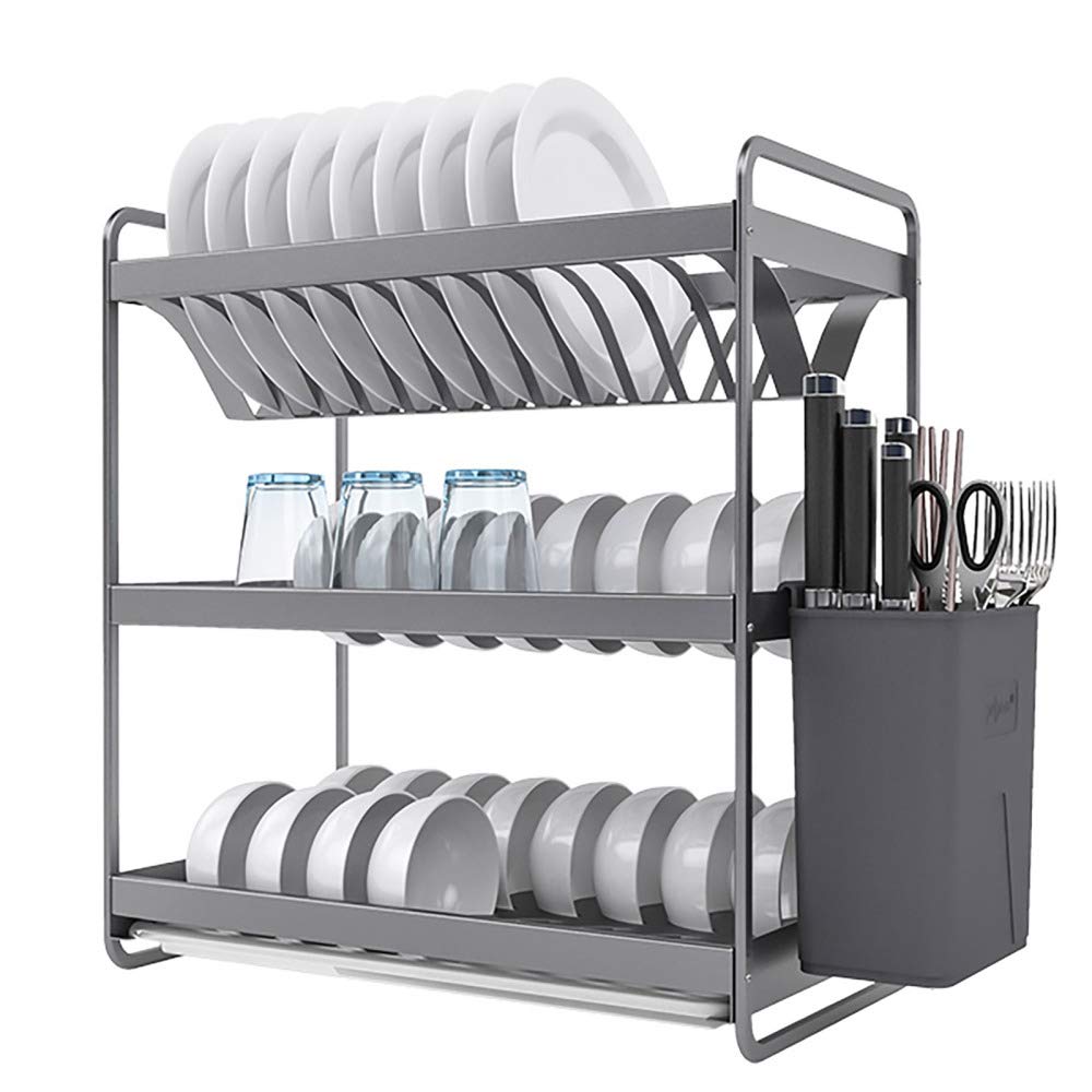 Scolapiatti, con vaschetta raccogligocce in Alluminio, Porta Utensili da Cucina, per pentole, Ciotole, Piatti e Utensili da Cucina/Grigio / 48 cm