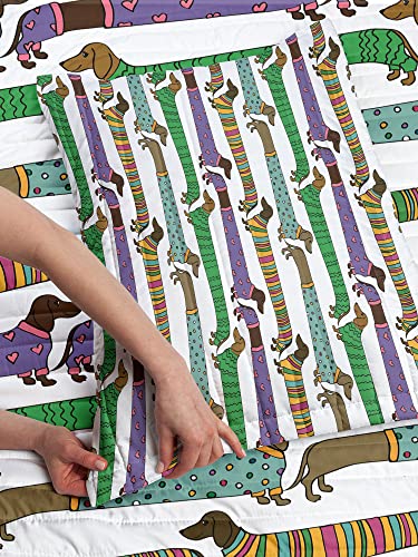 Ambesonne Dog Lover Microfiber Bedspread Set, Cartoon Style Dachshunds Dressed In Pyjamas Chevron Lines Polka Dots And Hearts, Soft Bedding Set With Pillow Shams & Comforter, Queen Size, Green Purple #TOP2