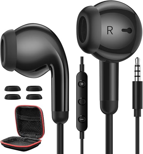 Cuffie con Filo per Laptop, Jack 3,5MM Microfono e Controllo Volume Cancellazione del Rumore in Ear Auricolari con Filo per Samsung per iPhone iPad MP3 MP4 per Sportiv Gaming Ufficio Aereo Musica Nero