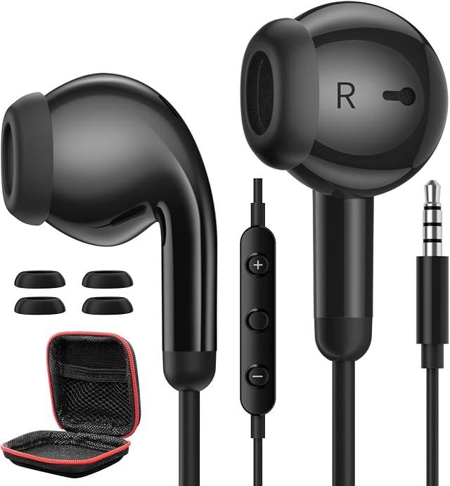 Cuffie con Filo per Laptop, Jack 3,5MM Microfono e Controllo Volume Cancellazione del Rumore in Ear Auricolari con Filo per Samsung per iPhone iPad MP3 MP4 per Sportiv Gaming Ufficio Aereo Musica Nero