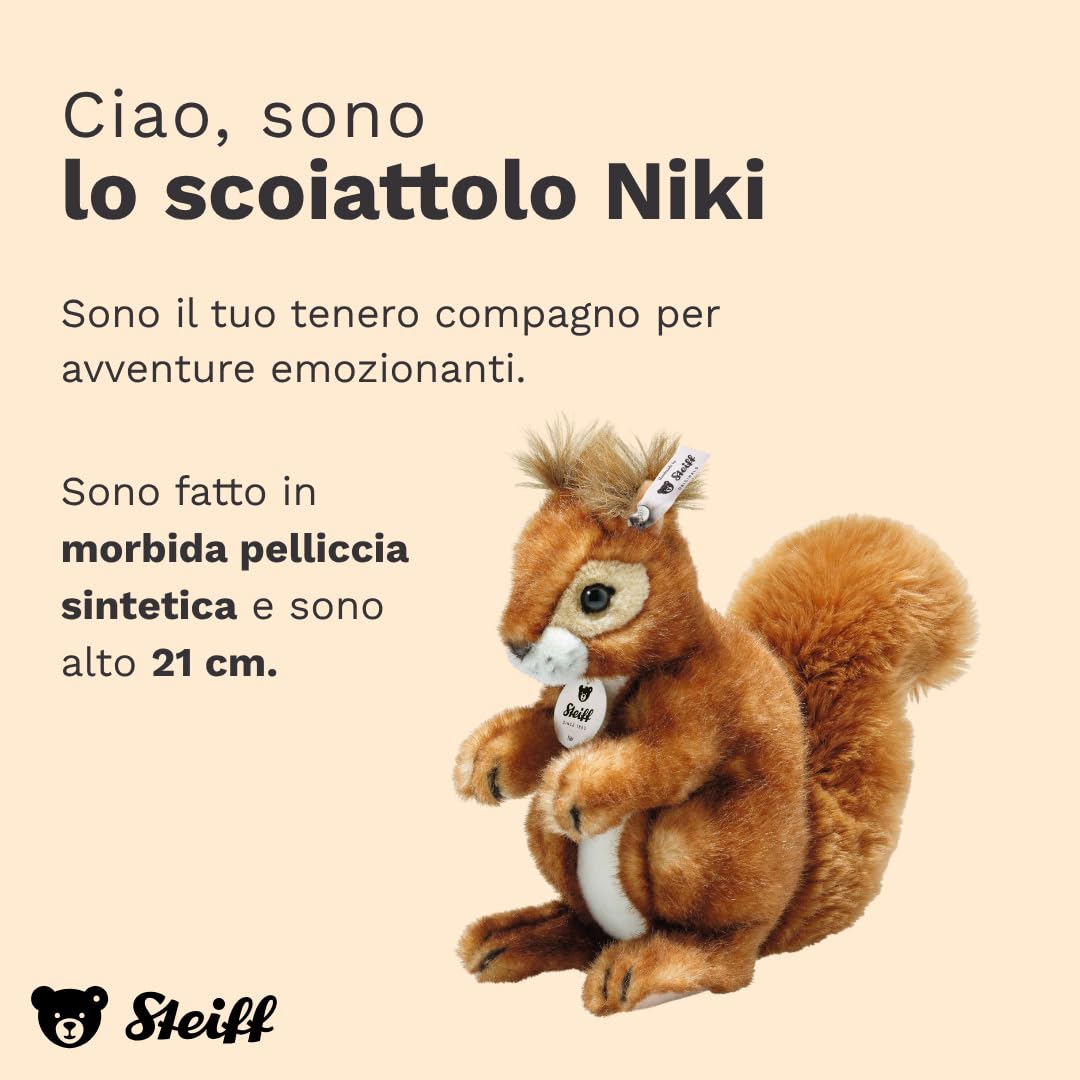 Steiff Peluche Scoiattolo Niki, dolce animale di stoffa con occhi in plastica per bambini e bambine, pupazzo di 21 cm, marrone chiaro, 045141