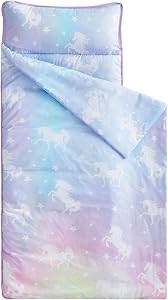 Wake In Cloud - Toddler Nap Mat with Pillow and Blanket, for Kids Boys Girls Ages 3 Plus in Daycare Preschool Kindergarten, Cute Soft Roll Up Sleeping Bag, Unicorns Purple Pink, Standard Size