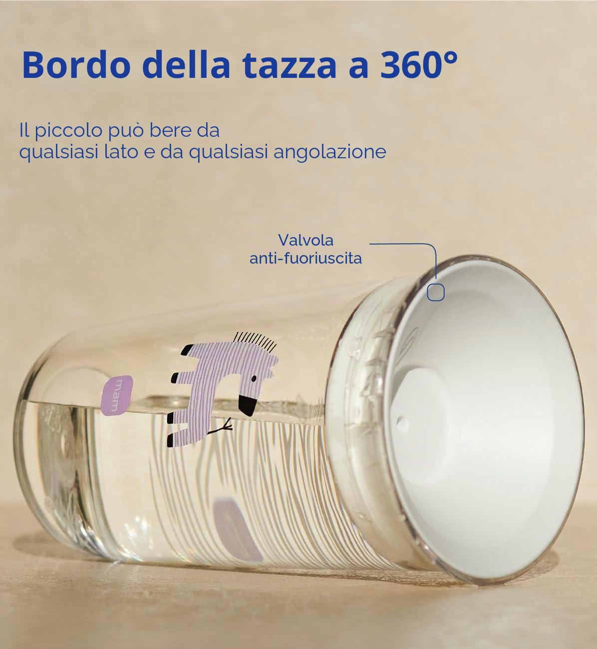 MAM Tazza per bambini facile da bere, 290 ml, bordo a 360° per sorseggiare a qualsiasi angolazione, trasparente come il vetro, facile da tenere in mano, valvola in silicone morbido monopezzo