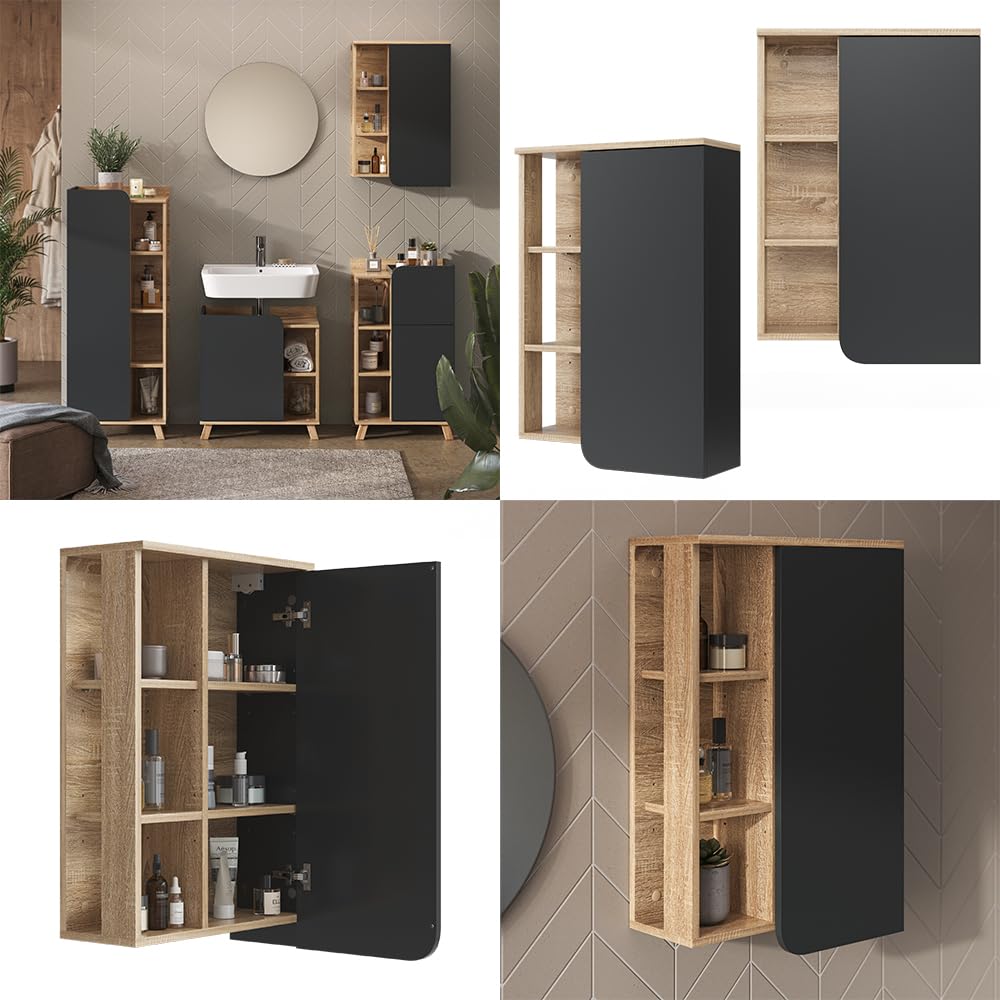 Vicco Mobile bagno Karen, Sonoma/antracite, 50 x 75 cm con porta e vani aperti, per montaggio a parete con vani a giorno e vani chiusi
