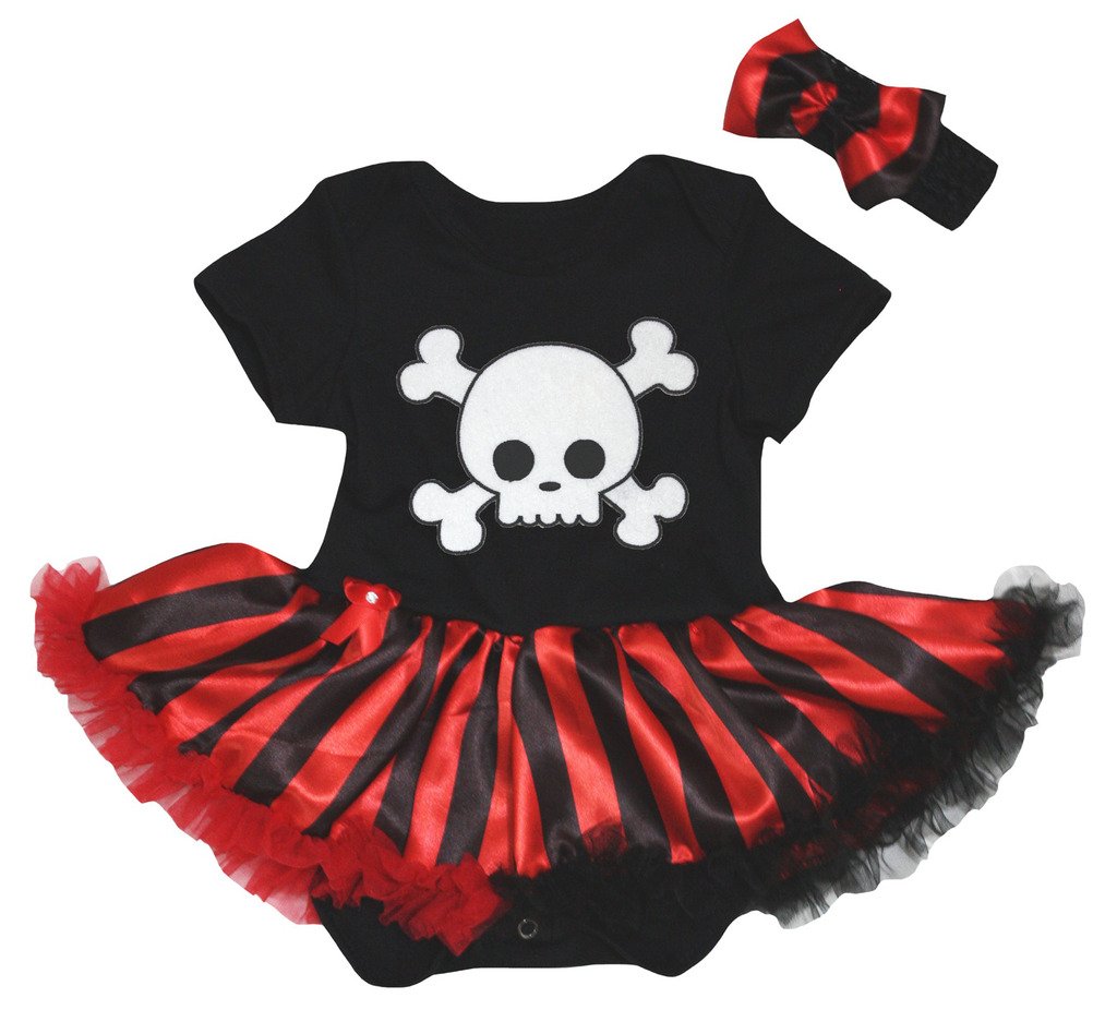 Petitebelle Black, Red White Skull Black Bodysuit Black Red Striped Tutu Nb-18M (3-6 Months)