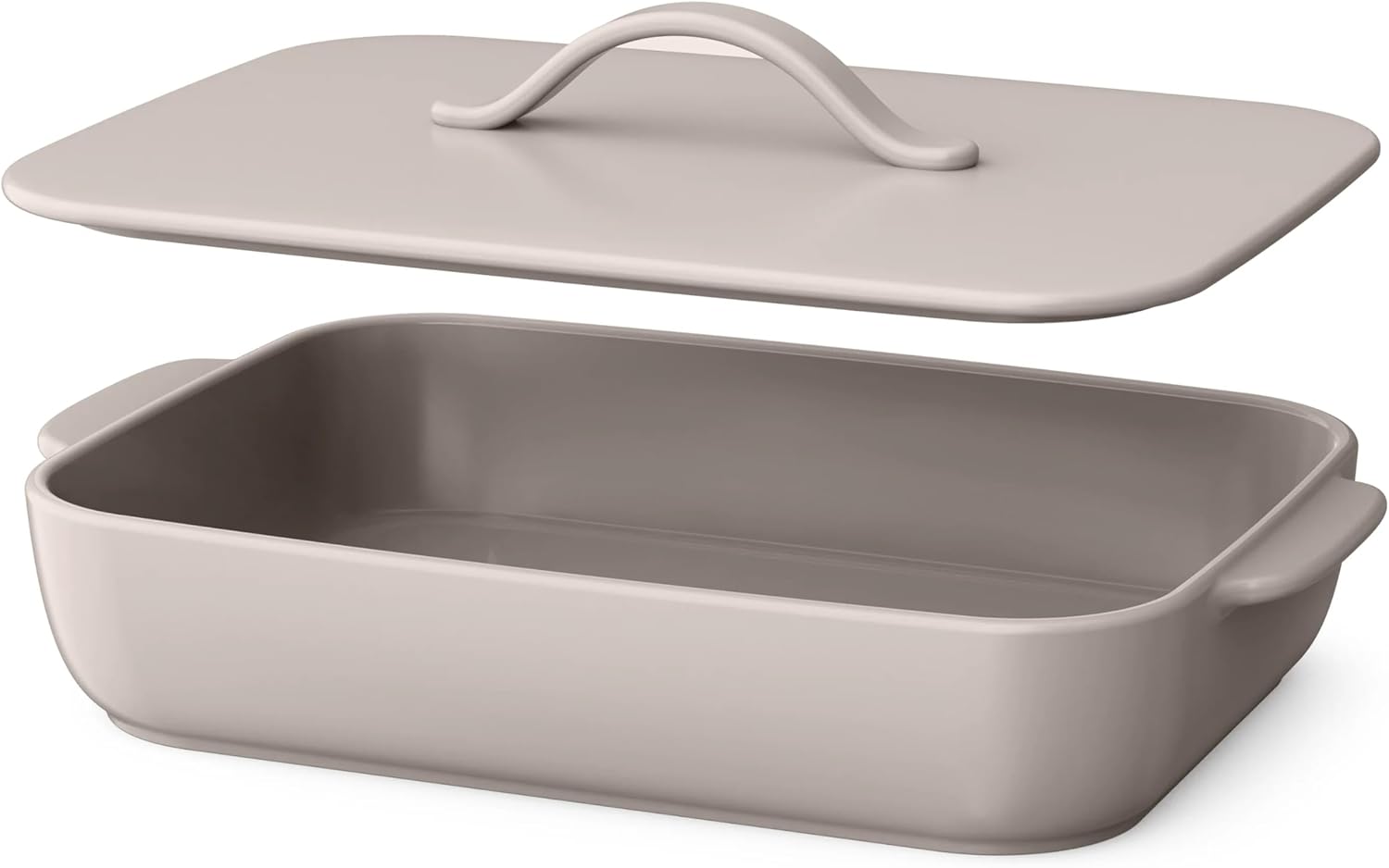 9x13 Covered Stoneware Baking Dish, Porcini Taupe Casserole Pan with Glass Lid, Oven Safe Lasagna Roaster for Kitchen, Dishwasher Safe