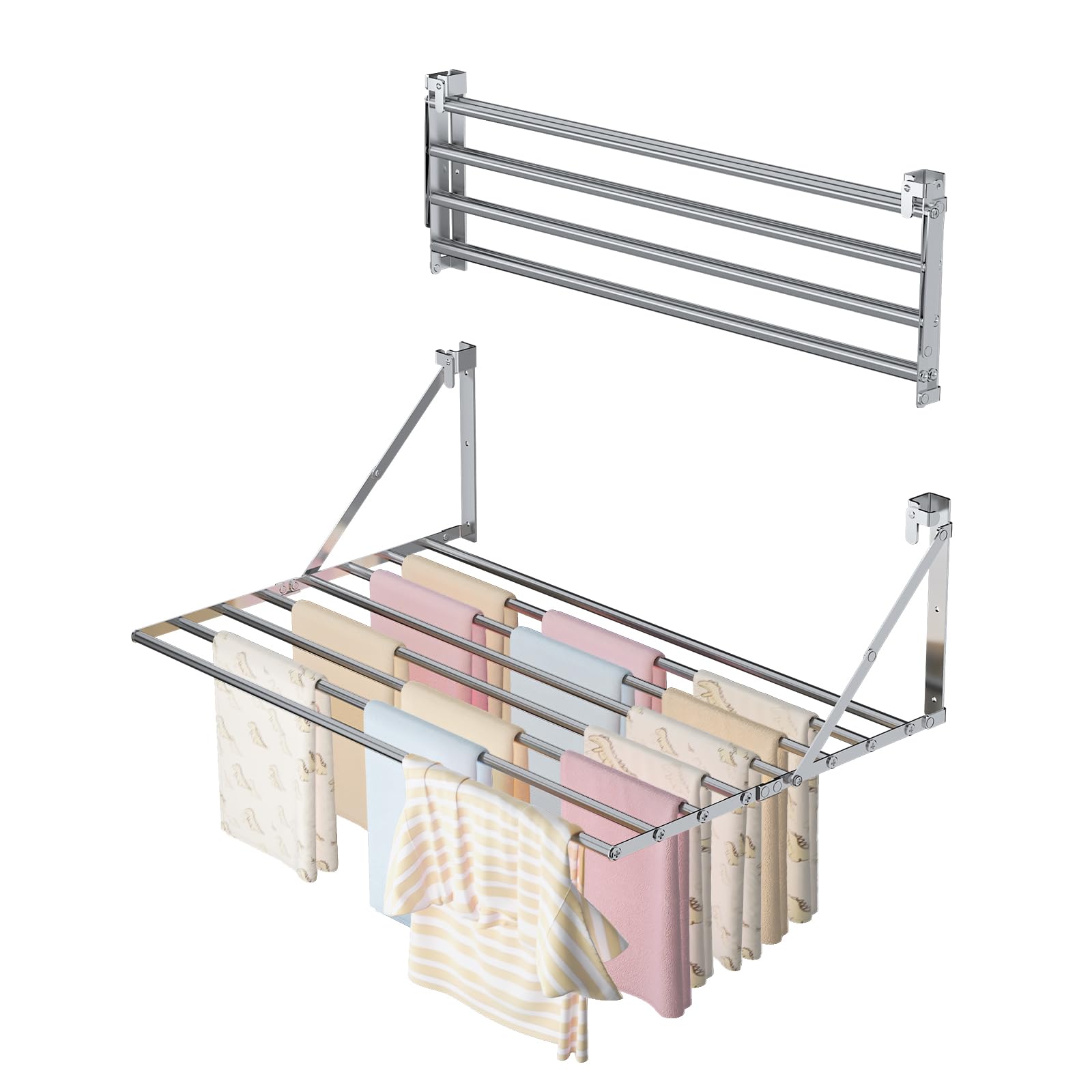 Innotic Séchoir à Linge Mural Pliable de 80 cm - Résistant à la Rouille - avec 8 Barres - Grand Espace - Peu encombrant - pour l'extérieur, la Salle de Bain, Le Balcon, la buanderie - Argenté