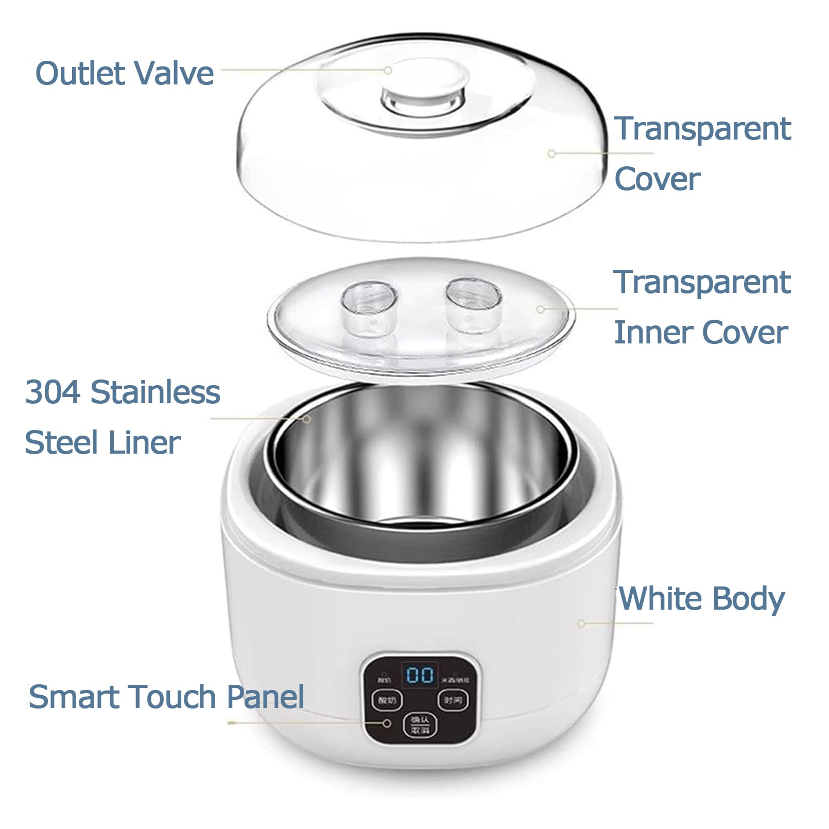 Yogurt Maker, fermentatore automatico da 1 l con controllo della temperatura e del tempo regolabili, fodera in acciaio inossidabile e 4 tazze in ceramica per yogurt fresco fatto in casa