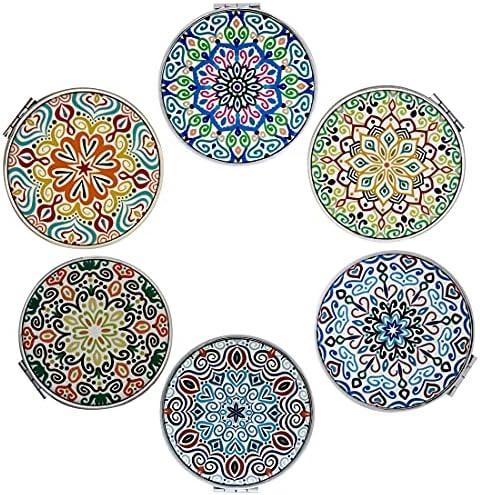 Beaufy Compact Mirror Bulk Handheld - Pocket Purse Travel Makeup Mirrors Round Folding Portable Dual Sided 2X Magnification- Mandala Designs Gift for Girls Women - Pack of 6