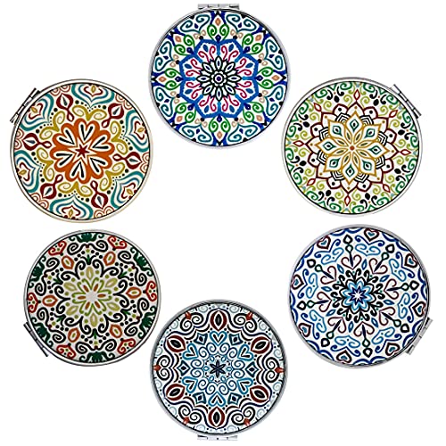 Beaufy Compact Mirror Bulk Handheld - Pocket Purse Travel Makeup Mirrors Round Folding Portable Dual Sided 2X Magnification- Mandala Designs Gift For Girls Women - Pack Of 6 #TOP2