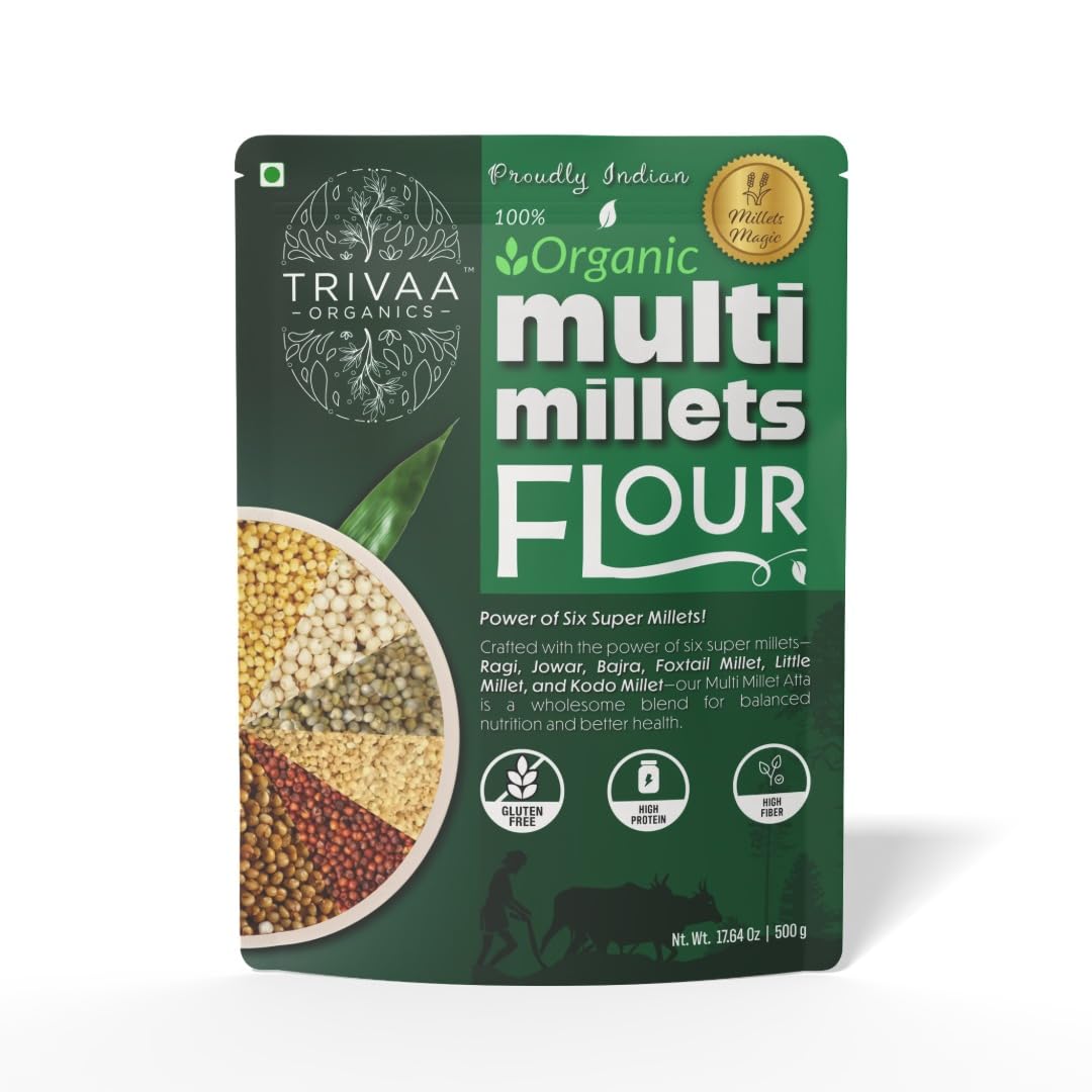 TRIVAA ORGANICS Multi Millet Atta | Blend of Ragi, Jowar, Bajra, Foxtail, Little & Kodo Millet | Gluten-Free | Sugar Control | Low GI | Freshly Milled After Order | No Preservatives | Non GMO | High Protein | High-Fiber & Diabetic-Friendly | 500 gm (500 GM x Pack of 2)