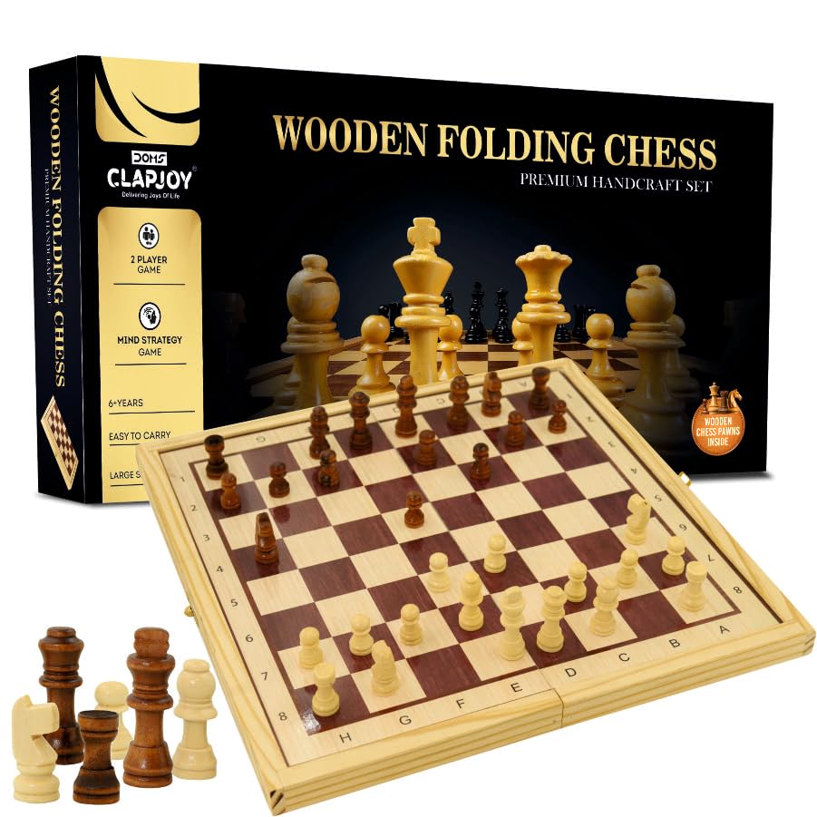 Clapjoy Premium Foldable Wooden Chess Set | 13x13 Inch Folding Board with Storage | Strategy Game | Indoor Game | Handcrafted Board Game-Portable Storage Box – Return Gift | Travel Friendly
