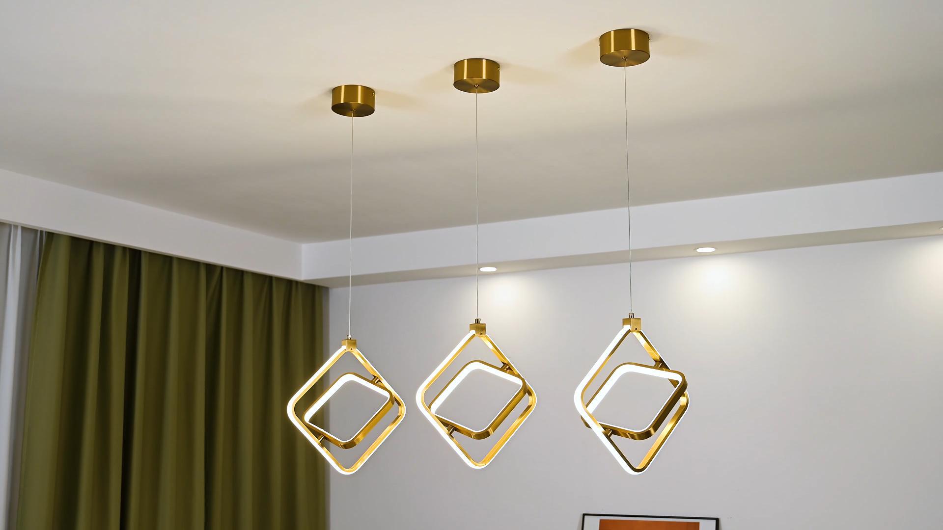 Image of Modern LED Chandelier Gold Rectangular Pendant Light Fixtures 4000K 20W Dimmable Height Adjustable Pendant Lighting for Dining Room Kitchen Island Bedroom Living Room Foyer(2-Pack)