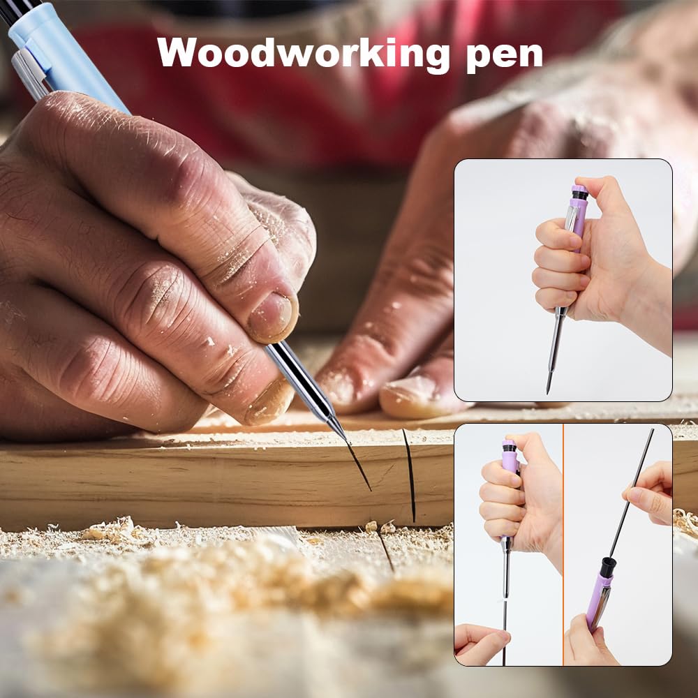 Zestaw ołówków stolarskich 2,8 mm, 4 ołówki, 24 wkłady i 4 temperówki, narzędzie do znakowania głębokich otworów do drewna, metalu, płytek i projektów DIY (4 lekkie ołówki + 24 przewody 2,8 mm + 4