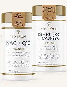 NAC 700mg + CoQ10 100mg | D3 + K2 + Magnésio bisglicinato – Kit Advanced Vita Tríade