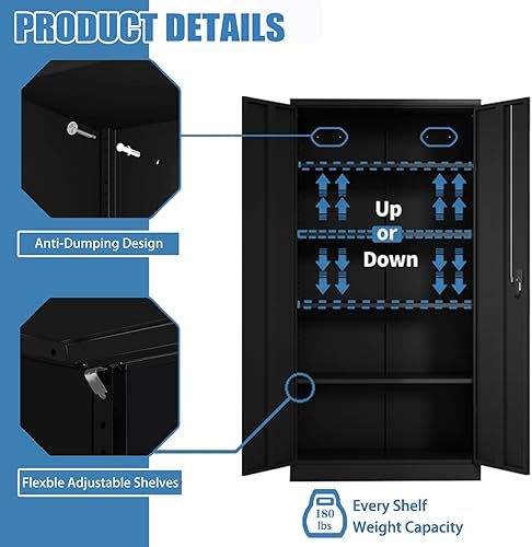 Miniatura 4 de Armario de almacenamiento de metal, gabinete de metal con bloqueo de 72 pulgadas con 4 estantes ajustables, 2 puertas y cerradura para