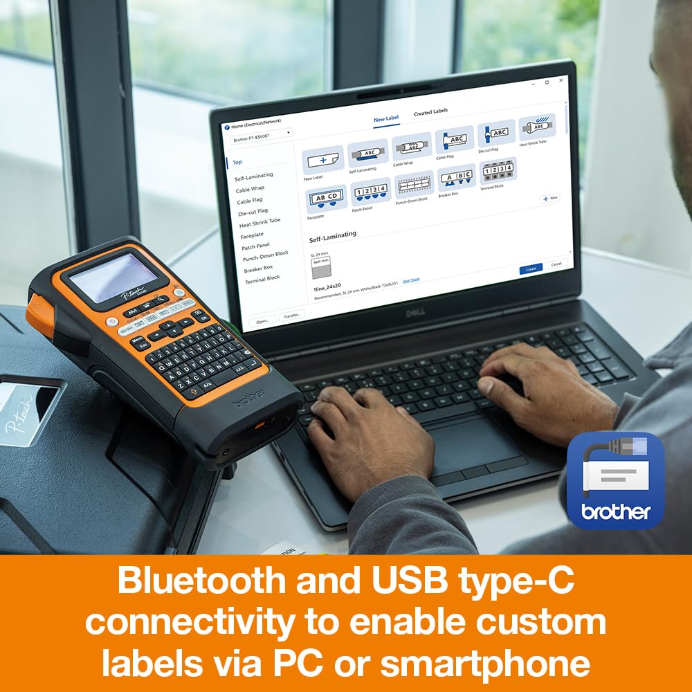 Brother PTE310BTVP. Rotuladora electrónica Profesional con conexión PC y WiFi para electricistas e instaladores. Corte de Cinta automático.Teclado QWERTY y Adaptador CA