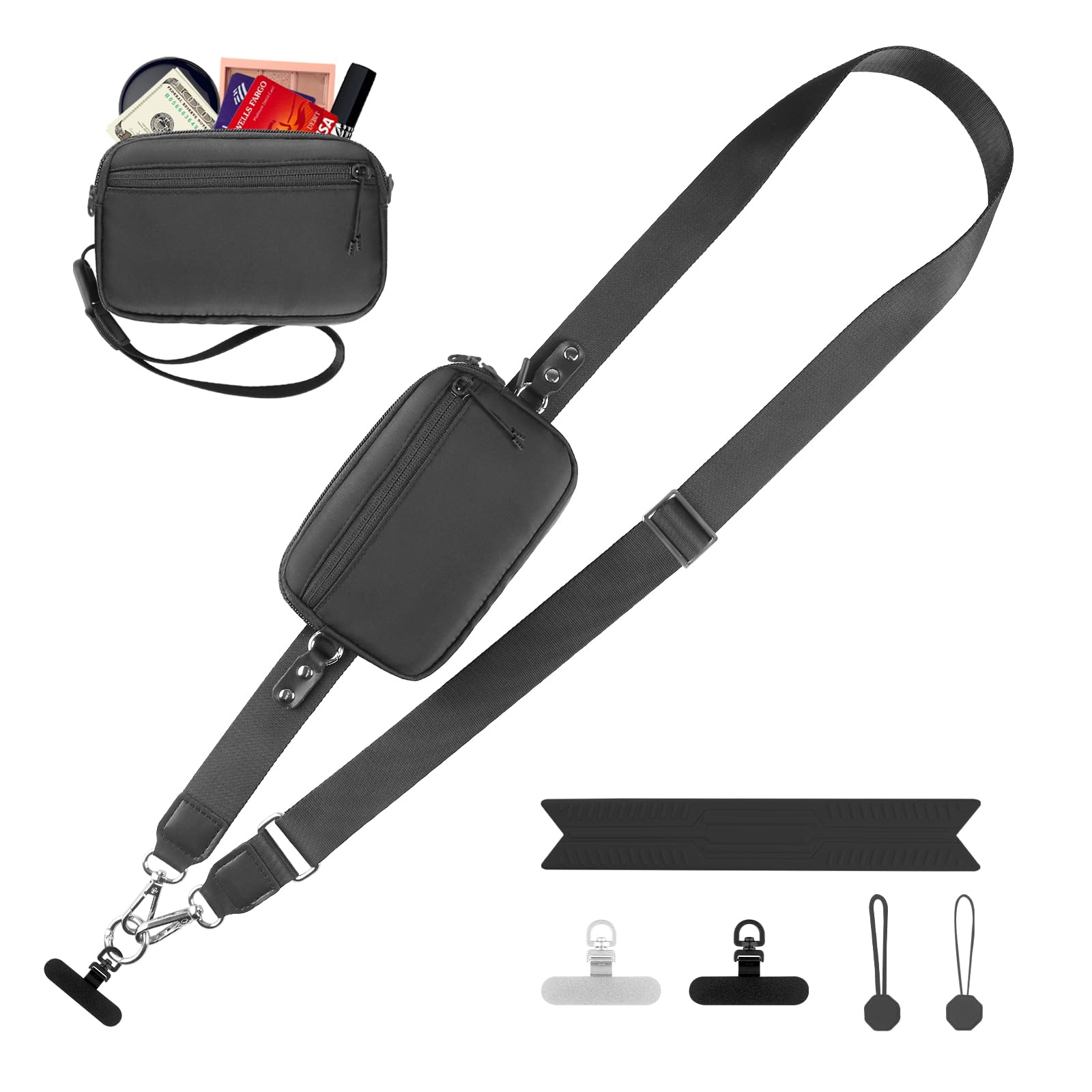 YFWE Clip and Go Strap for Phone with Wallet Crossbody, Adjustable Phone Lanyard with Detachable RFID Wristlet Wallet, Universal Phone Strap with 360° Rotatable Phone Tabs for All Phones (Black)